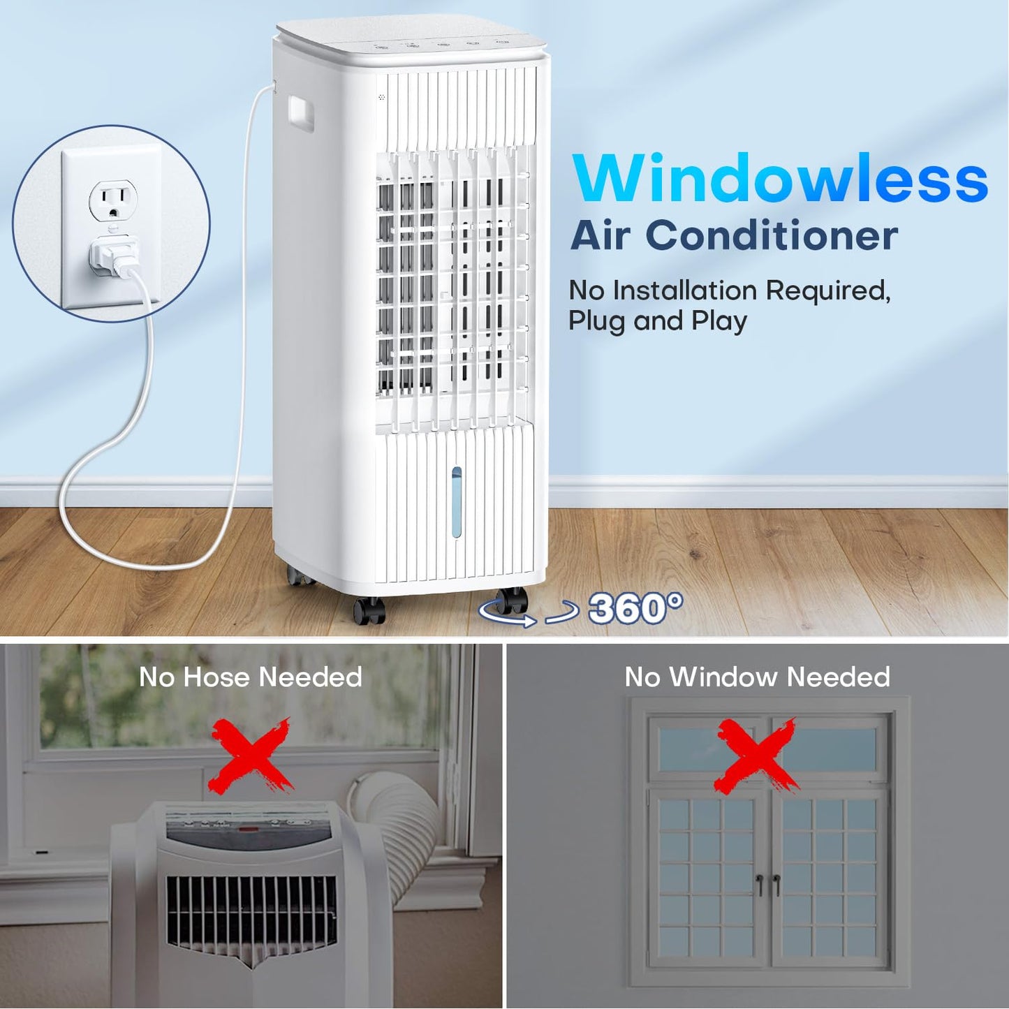 25" Windowless Air Conditioner with Double Tanks for 16H Cooling, 25ft Remote & Timer,3-IN-1 Evaporative Air Cooler for Room, 90° Oscillation, 30dB, 3-Speed Swamp Cooler Air Conditioner Portable