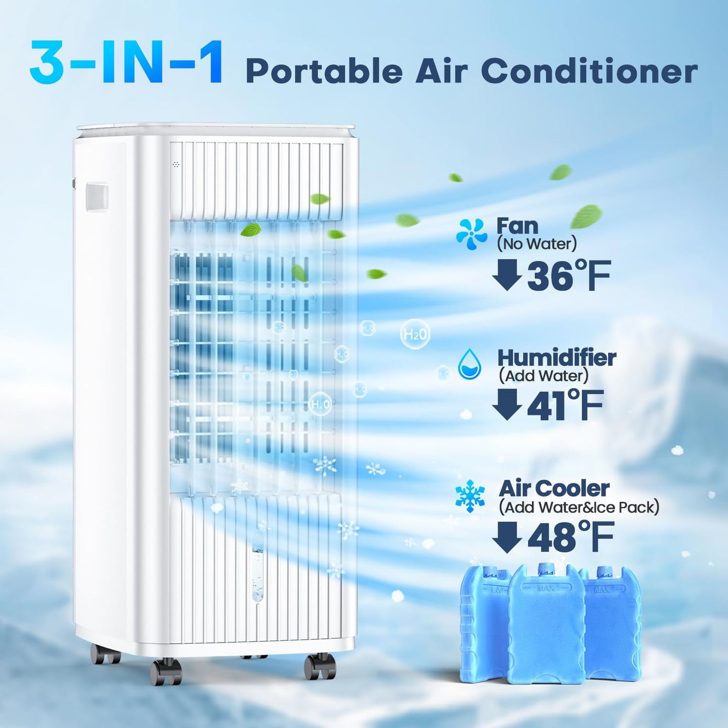 25" Windowless Air Conditioner with Double Tanks for 16H Cooling, 25ft Remote & Timer,3-IN-1 Evaporative Air Cooler for Room, 90° Oscillation, 30dB, 3-Speed Swamp Cooler Air Conditioner Portable