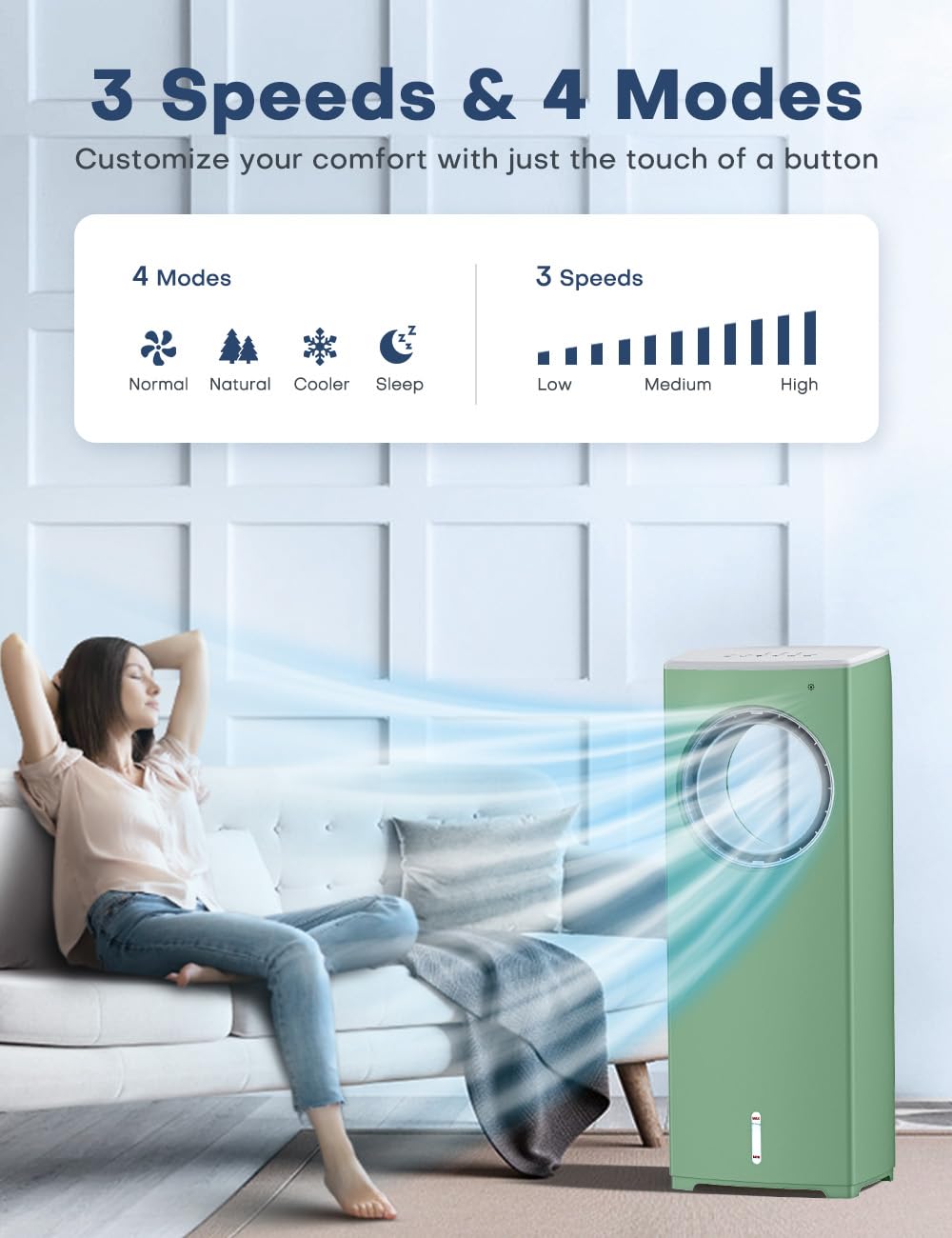 MYICY 3 IN 1 Portable Air Conditioners, 32 INCH Evaporative Air Cooler for Room w/Sleep/Natural/Normal Mode, 3 Speeds, Remote & 1-8H Timer for Auto-Off, 1 Gal Water Tank, Swamp Cooler Bedroom (Green)