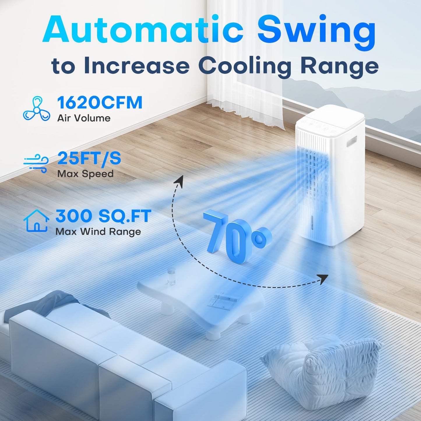 3-IN-1 Windowless Air Conditioner w/Double Tanks, Smart Timer, 3 Ice Packs, 60W Evaporative Air Cooler, 70° Oscillation, 3-Speed 25-INCH Swamp Cooler Air Conditioner Portable for Room
