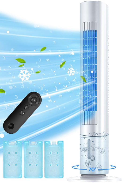 MYICY Evaporative Air Cooler, 35 Inch Swamp Cooler Air Conditioner, 3 Speeds & 2 Modes, Removable Water Tank, 3 Ice Packs, 20ft Remote Control, 7 Hour Timer, 70° Oscillating Windowless Air Conditioner
