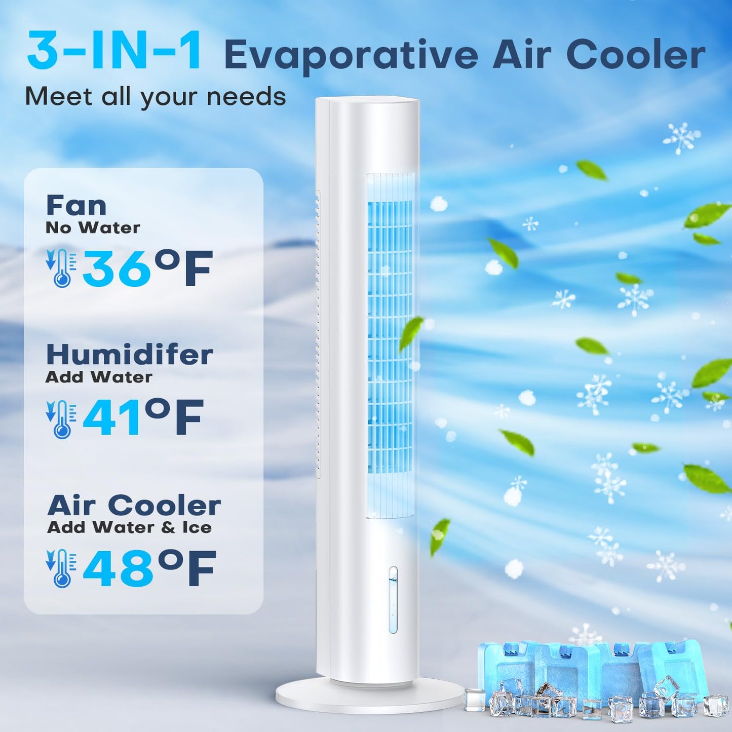 Evaporative Air Cooler, 35" Windowless Air Conditioner Portable w/3 Speeds, 25ft Remote, Smart Timer & Water Tank, Portable Air Conditioners No Windows Needed, 90°Oscillating AC Unit for Room