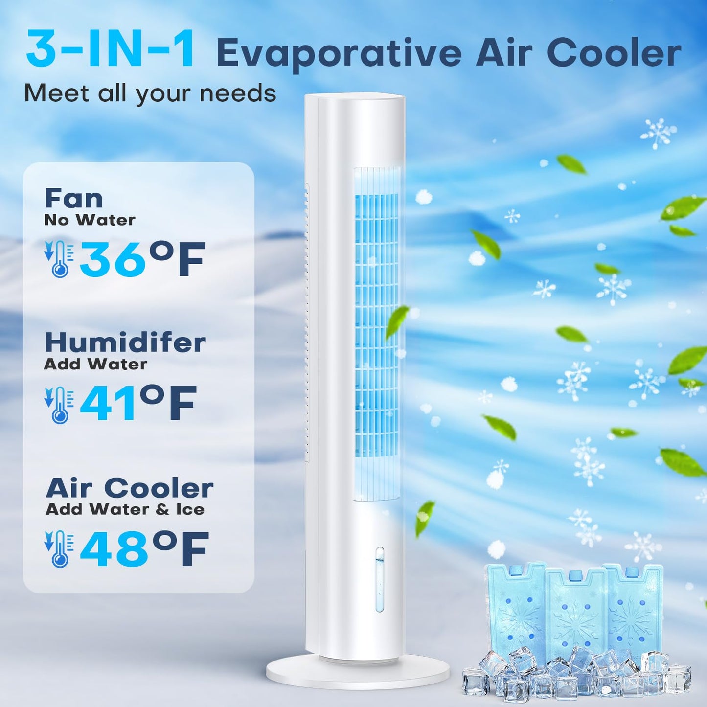 Evaporative Air Cooler, 35" Windowless Air Conditioner Portable w/3 Speeds, 25ft Remote, Smart Timer & Water Tank, Portable Air Conditioners No Windows Needed, 90°Oscillating AC Unit for Room