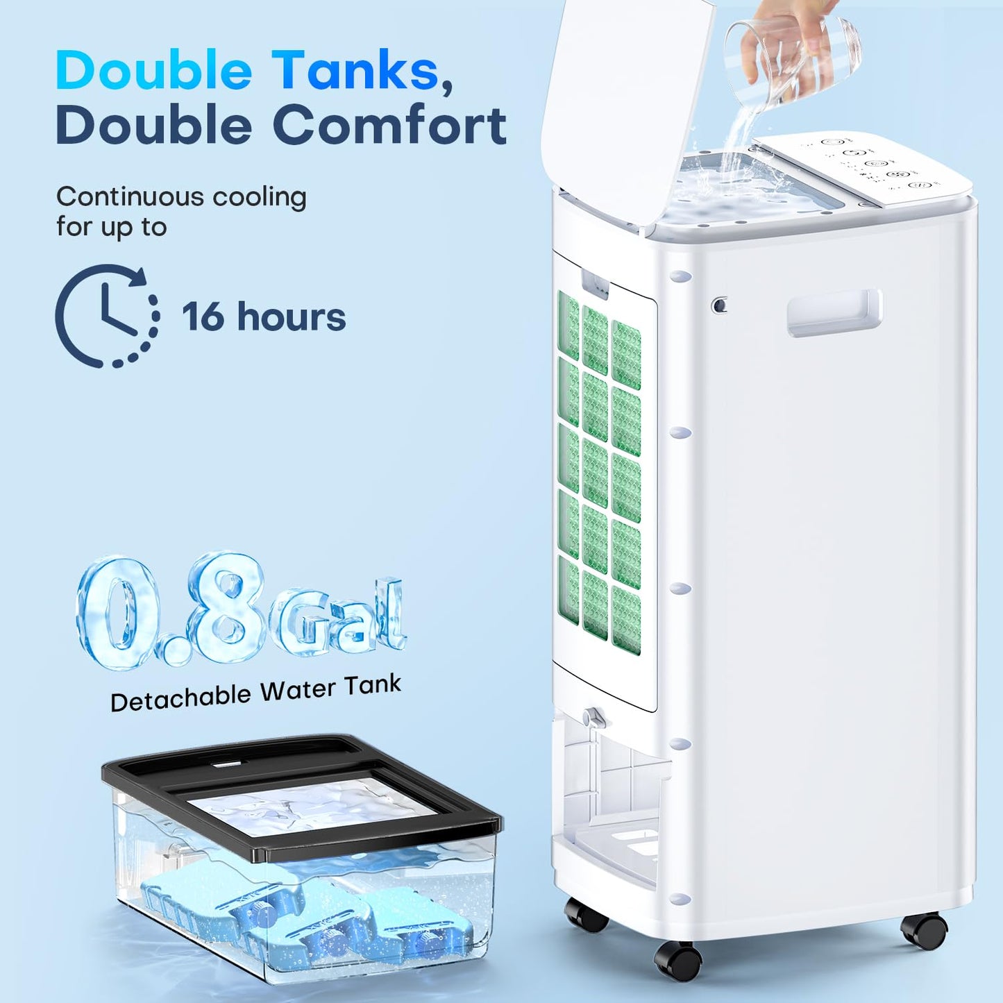 25" Windowless Air Conditioner with Double Tanks for 16H Cooling, 25ft Remote & Timer,3-IN-1 Evaporative Air Cooler for Room, 90° Oscillation, 30dB, 3-Speed Swamp Cooler Air Conditioner Portable
